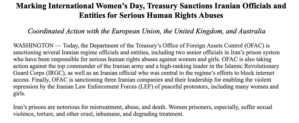 On International Women's Day, Treasury sanctions officials in Iran linked to serious human rights abuses against women and girls