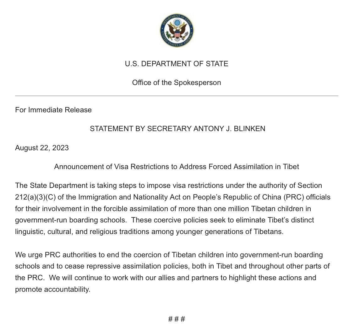 State Department says it’s imposing visa restrictions on officials of China “for their involvement in the forcible assimilation of more than one million Tibetan children in government-run boarding schools.”